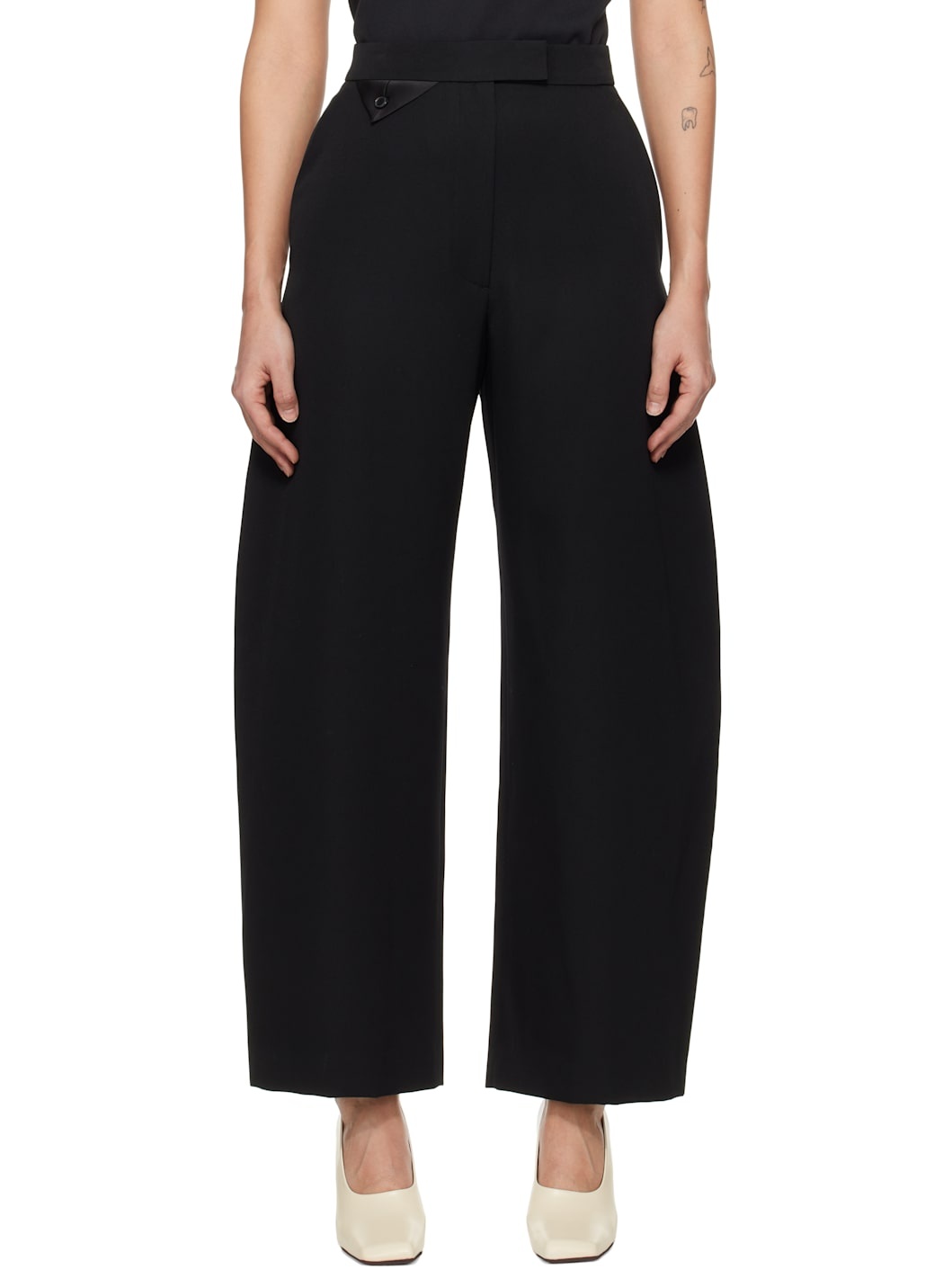 Black High-Rise Curved Legs Wool Trousers - 1