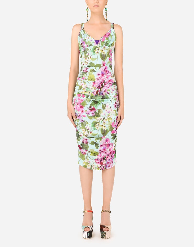 Charmeuse calf-length dress with bluebell print - 1