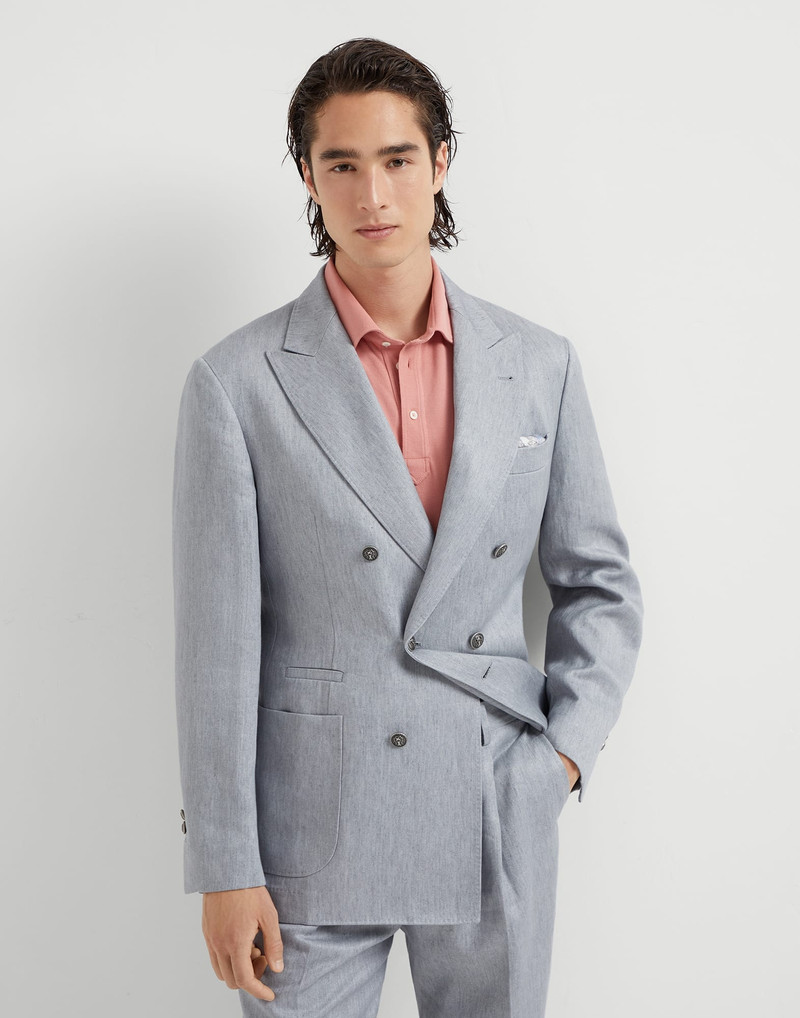 Linen denim one-and-a-half breasted deconstructed blazer with patch pockets and metal buttons 1