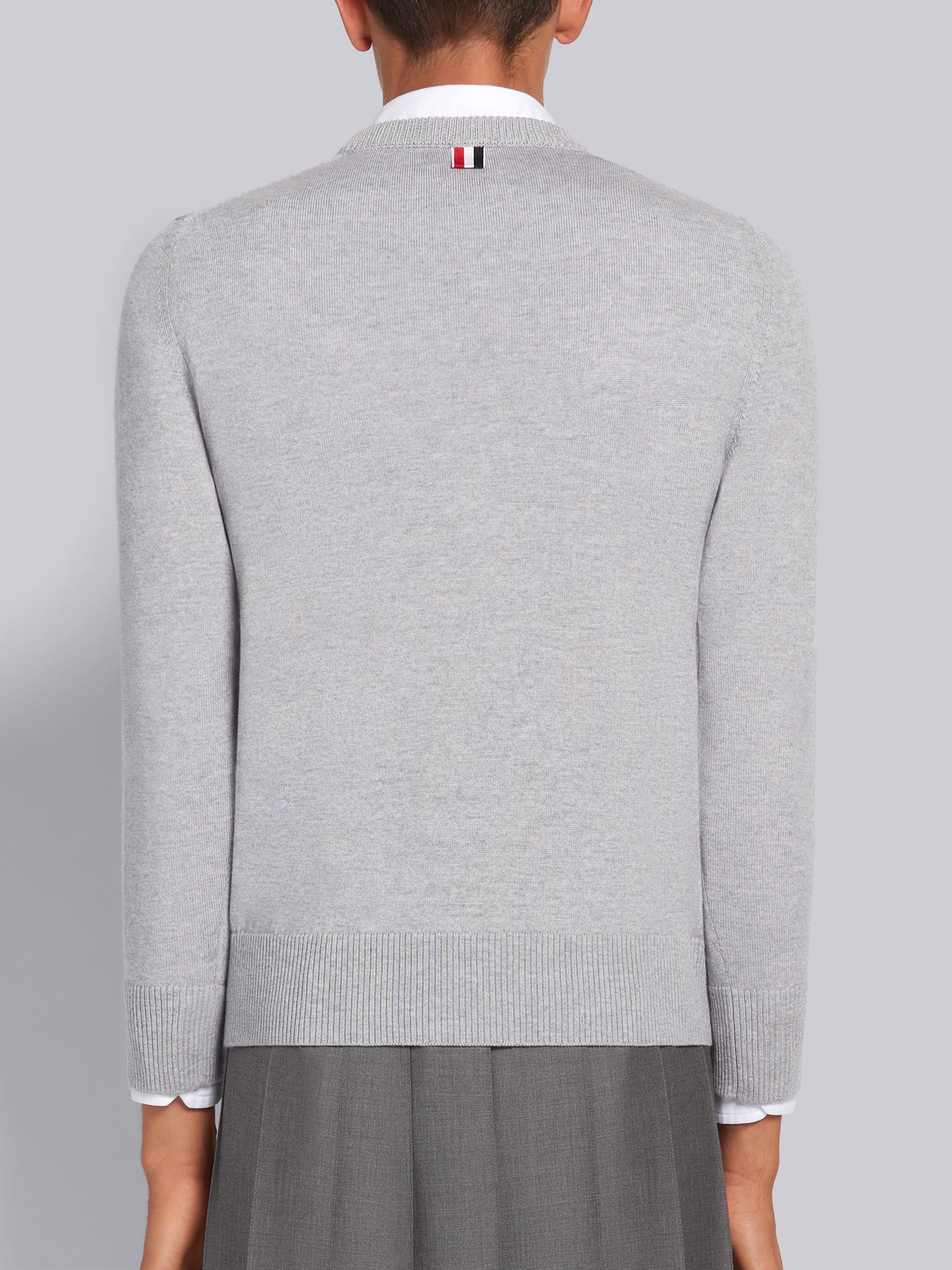 Light Grey Fine Merino Wool Jersey Relaxed Fit Stripe Collar Crewneck Pullover - 3