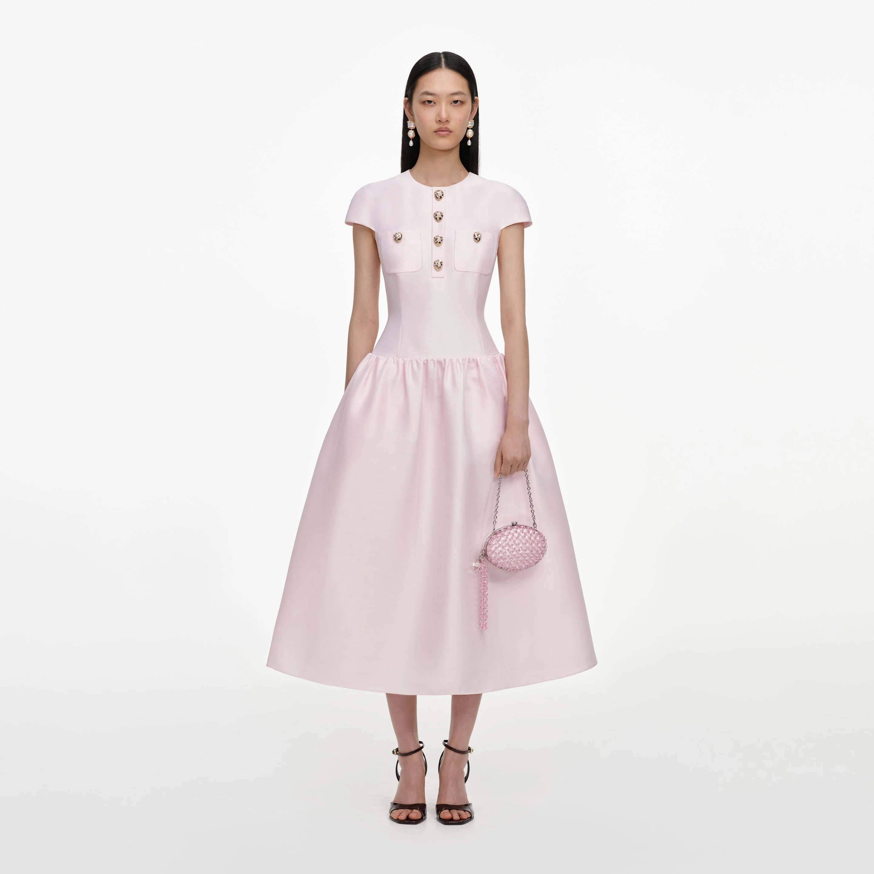 Pink Taffeta Buttoned Midi Dress - 1