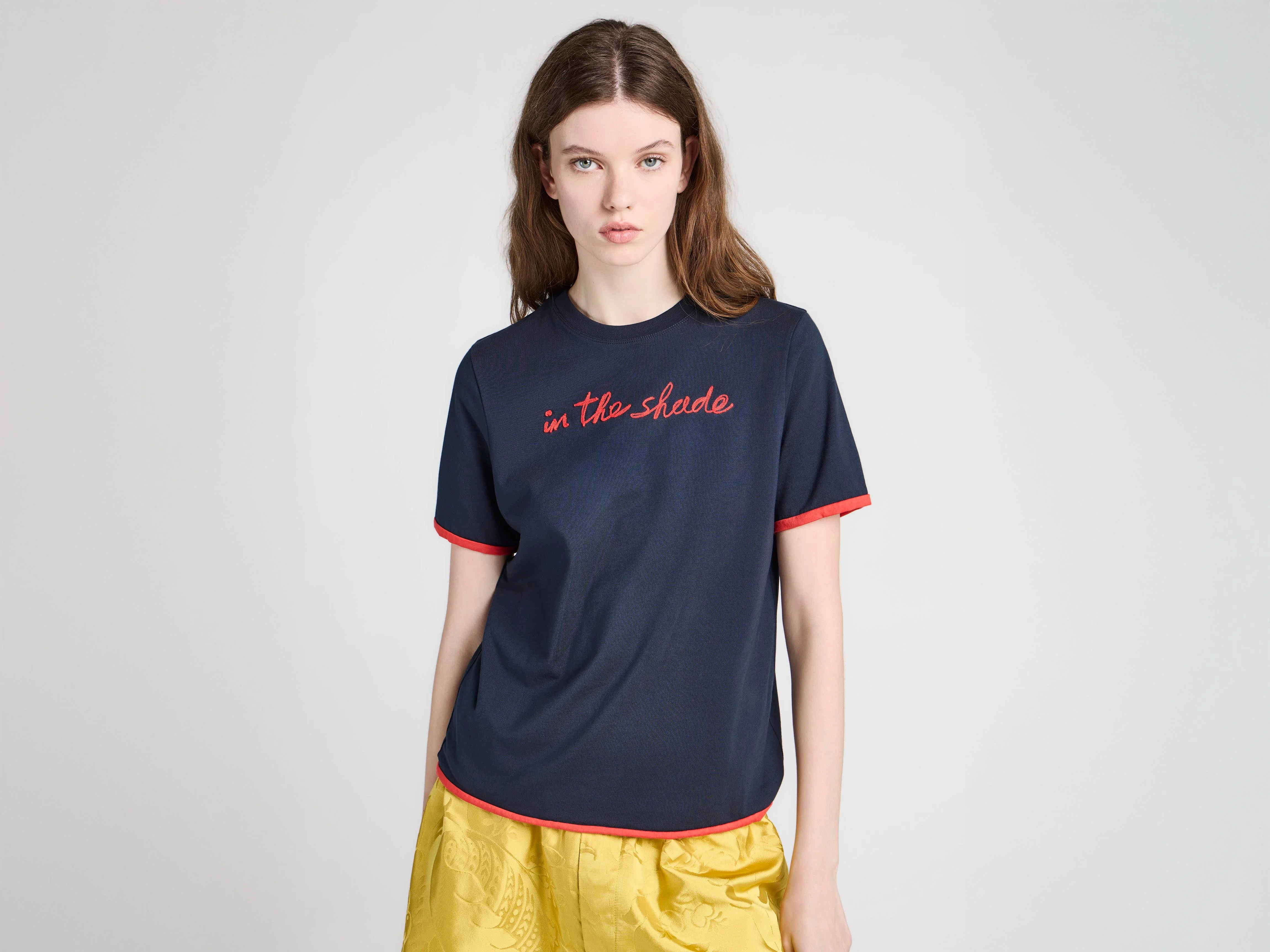 WOMENS 'IN THE SHADE' T-SHIRT IN NAVY & RED - 1