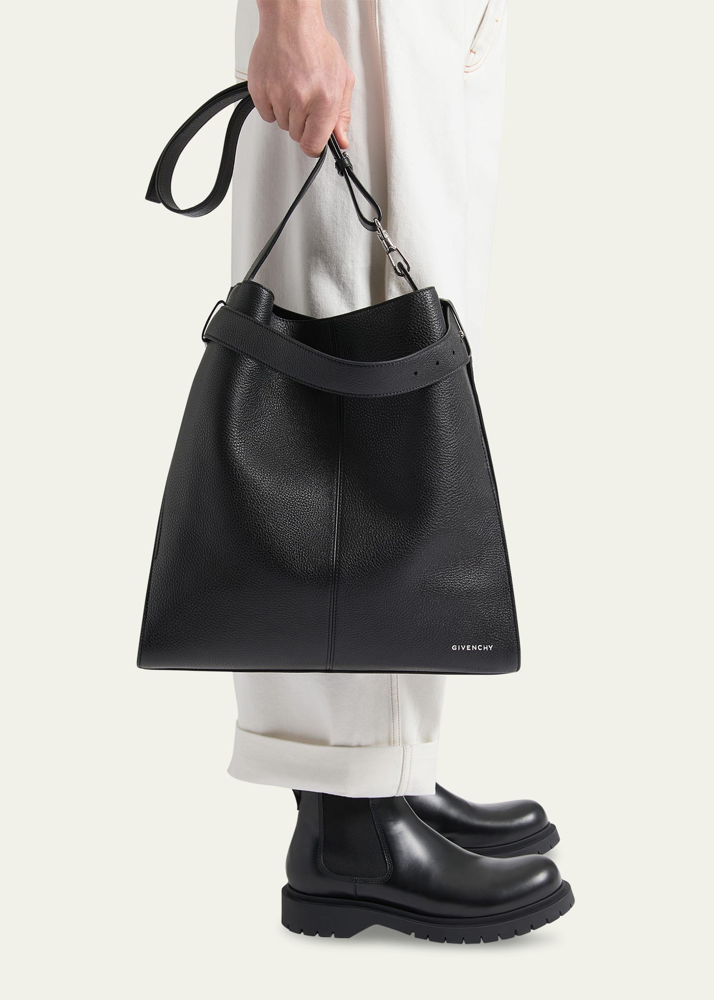 Men's Medium Belted Grained Leather Shoulder Bag - 4