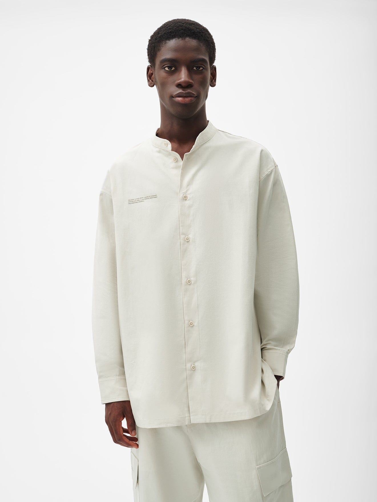 Mens Organic Cotton Linen Mandarin Collar Long-Sleeve Shirt - Limestone - 2