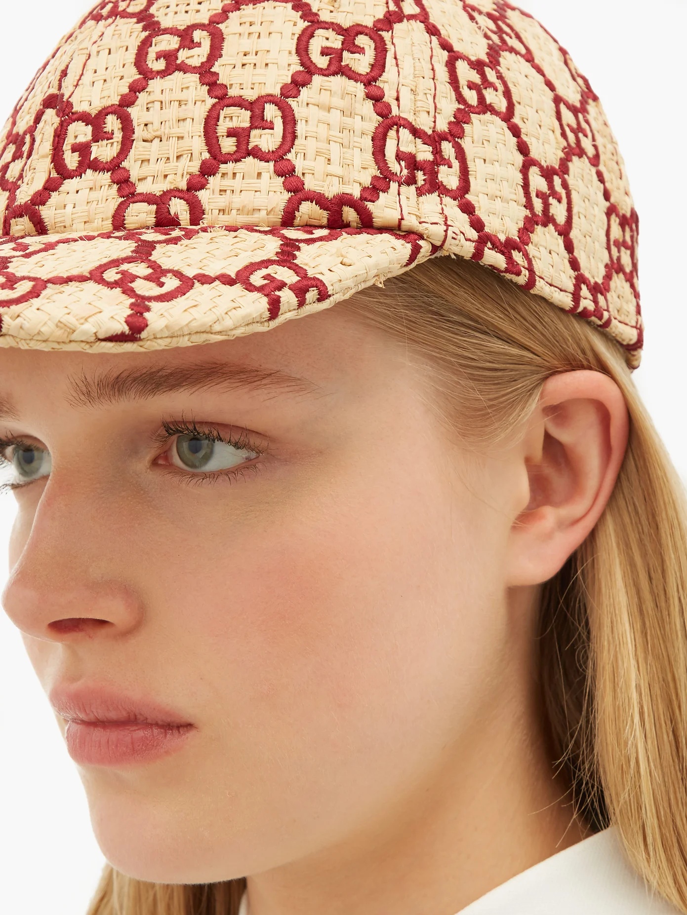 Snakeskin-trimmed GG-embroidered raffia cap - 2