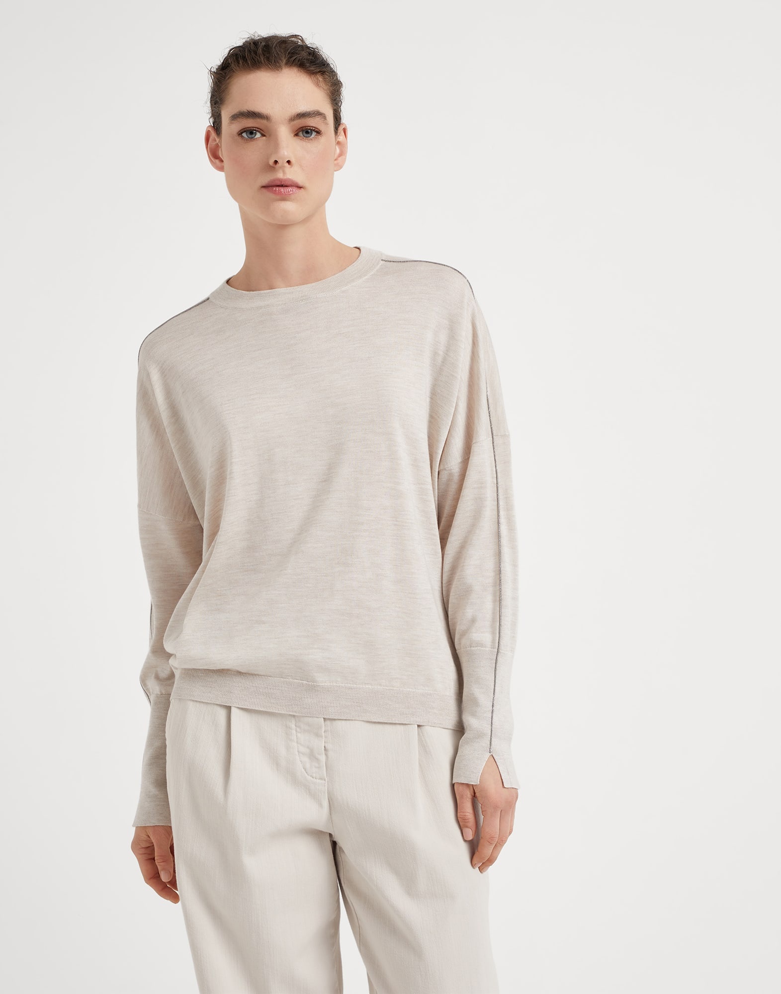 Cashmere and silk sweater with shiny sleeve trim - 1