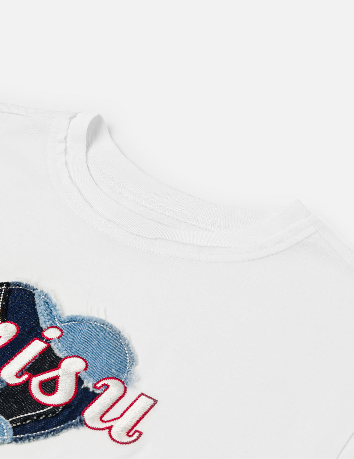 Denim Patchwork Heart and Logo Embroidery Drop Shoulder T-Shirt - 6