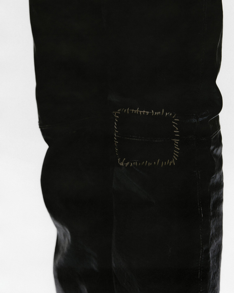 CRUST REPAIRED LEATHER FLARE JEANS 5