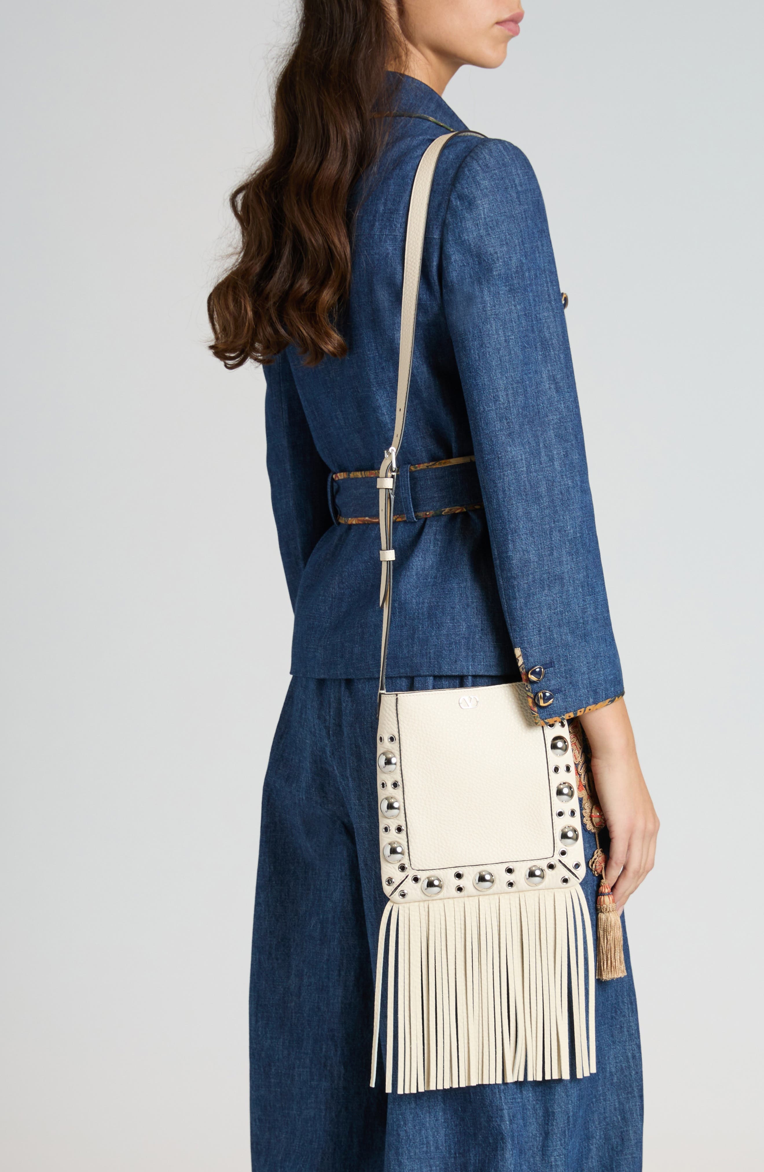 Valentino Garavani Small Nellcôte Fringe Stud Crossbody Bag in I16 Light Ivory at Nordstrom - 7