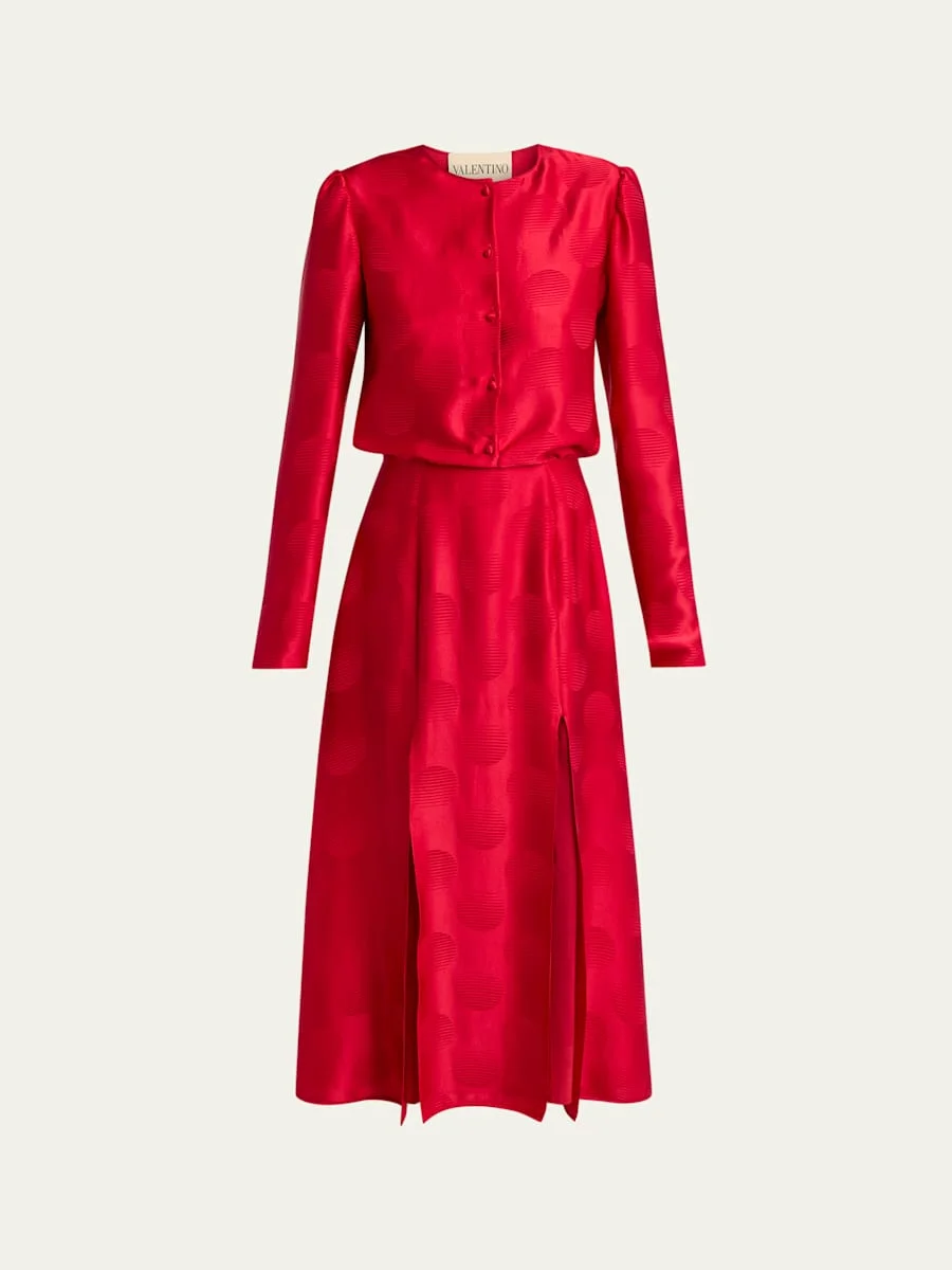 Polka-Dot Satin Long-Sleeve Slits Midi Dress - 1