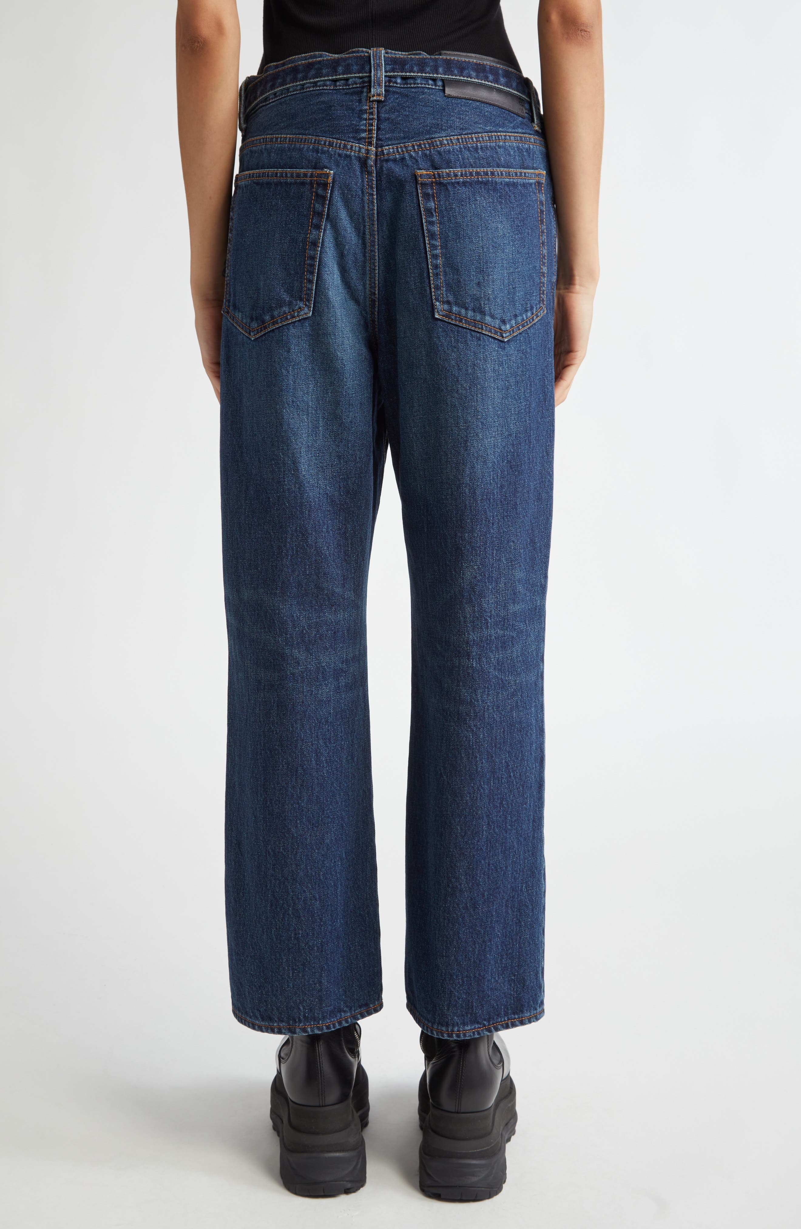 Sacai Belted Crop Bootcut Jeans in Blue at Nordstrom - 2