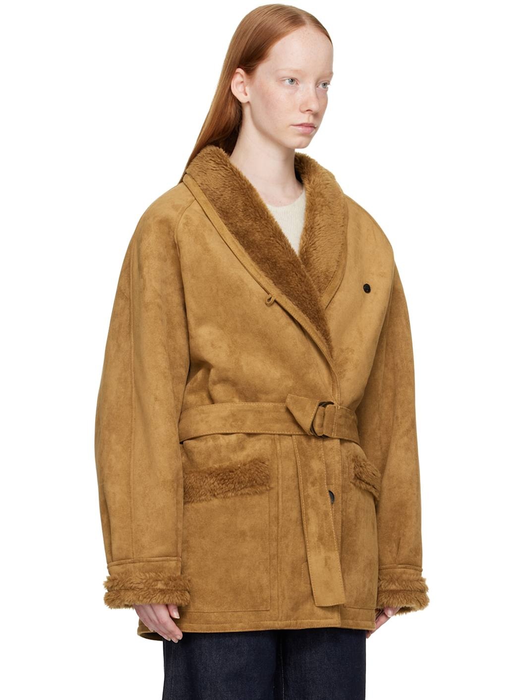 Tan Paneled Faux-Leather Coat - 4