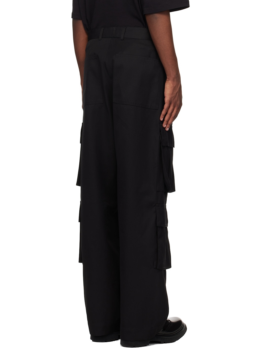 Black Twill Wide Leg Cargo Pants - 3