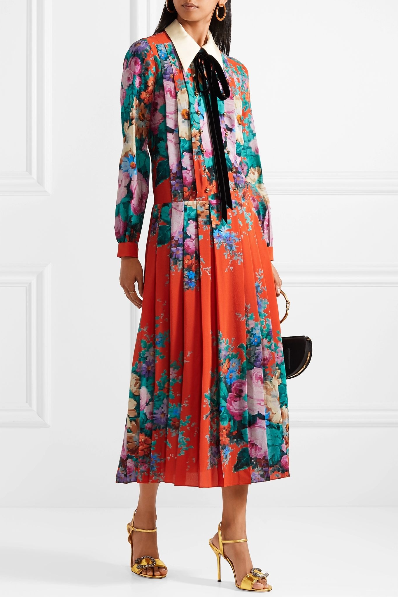 Velvet-trimmed pleated printed silk crepe de chine midi dress - 2