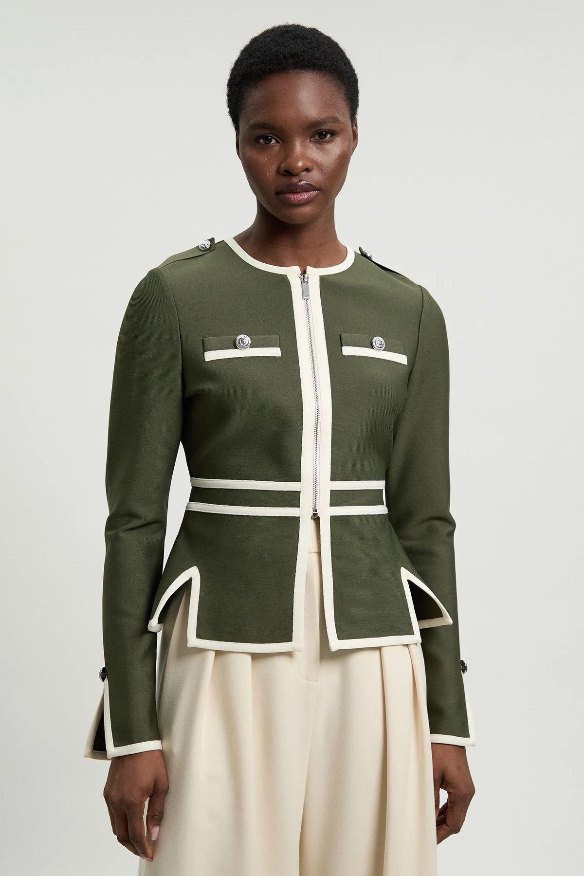Figure Form Bandage Military Contrast Piping Knit Split Hem Jacket - 1
