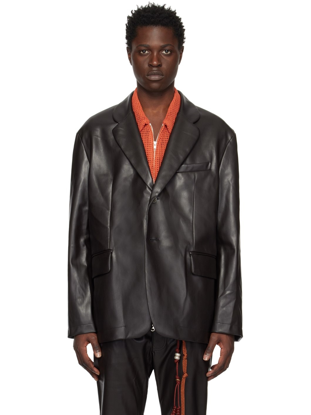Brown Square Faux-Leather Blazer - 1