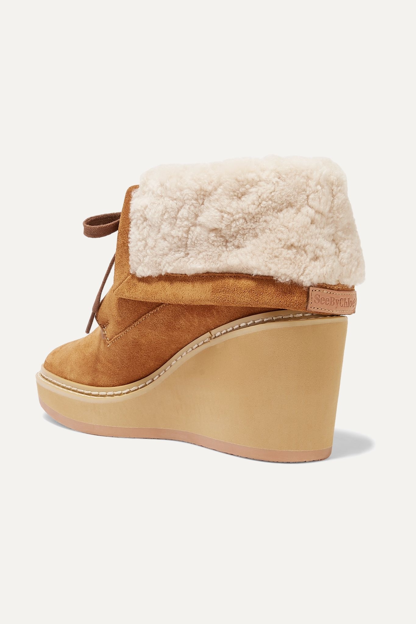 Shearling-trimmed suede wedge ankle boots - 4