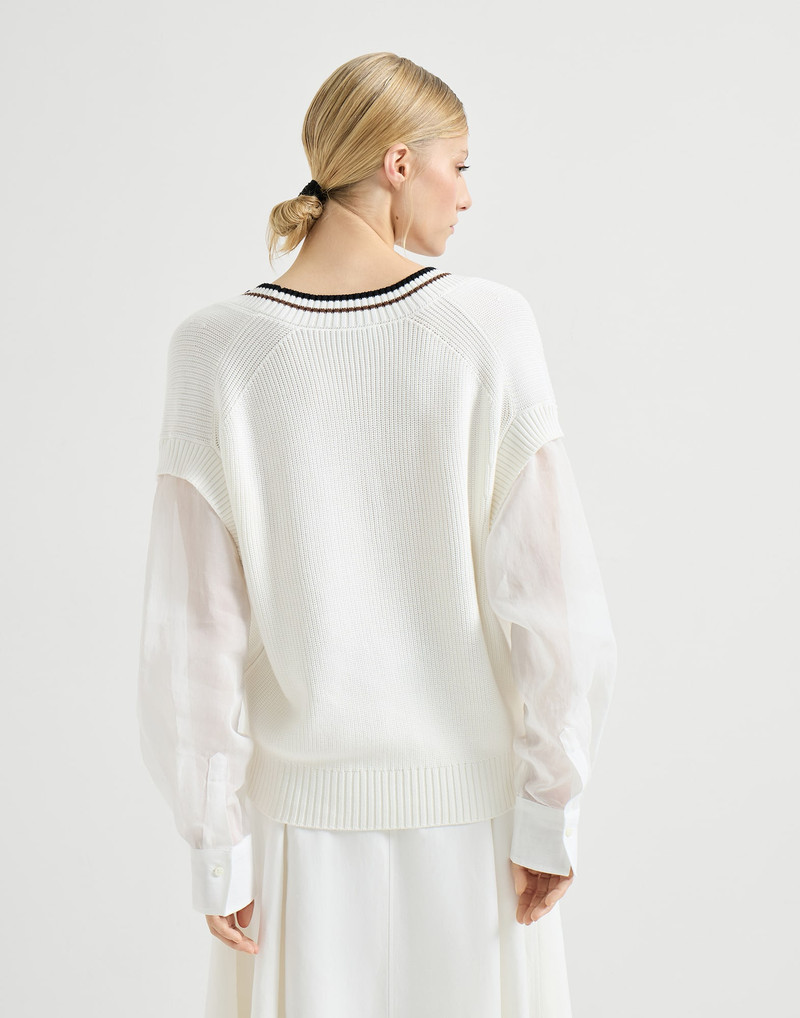 Cotton English rib sweater with organza sleeves 3