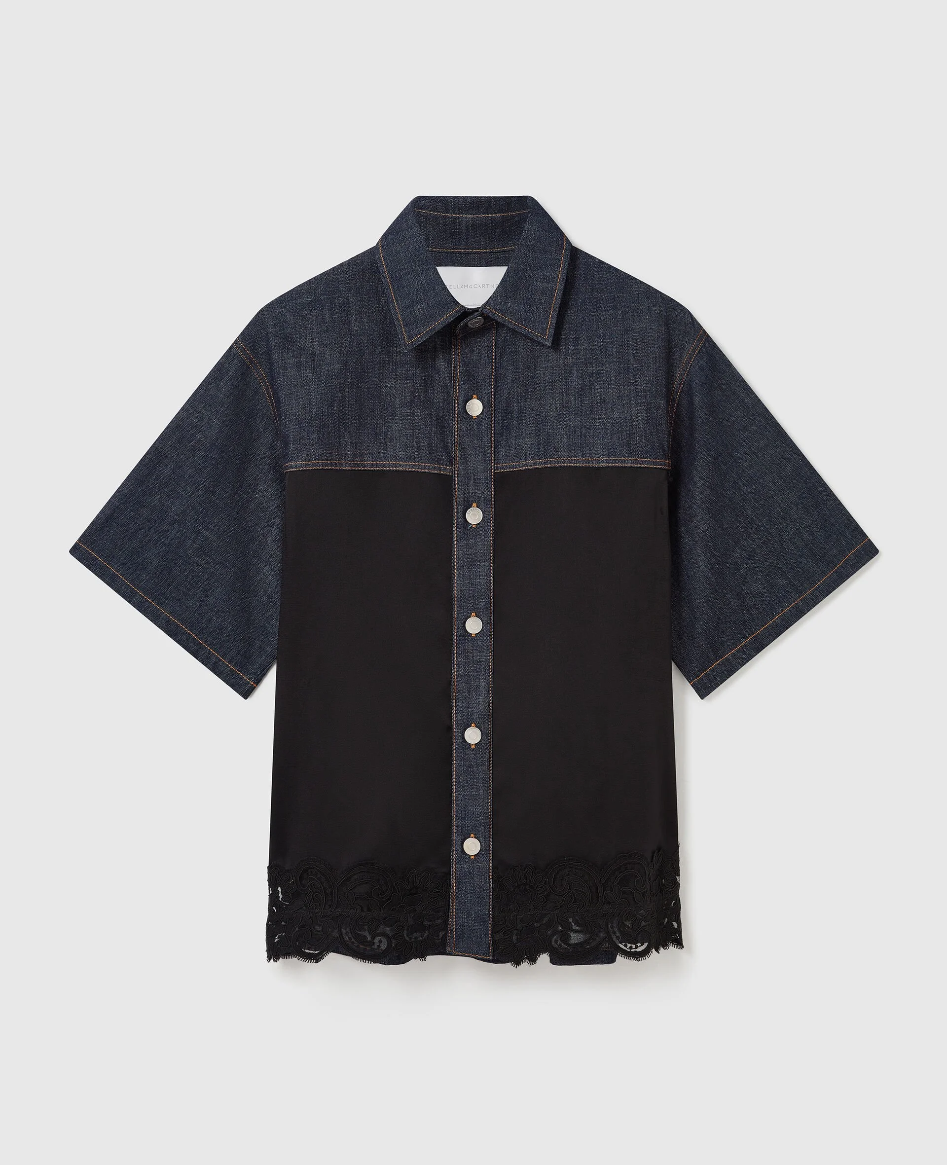 Satin Panel Short-Sleeve Denim Shirt - 1