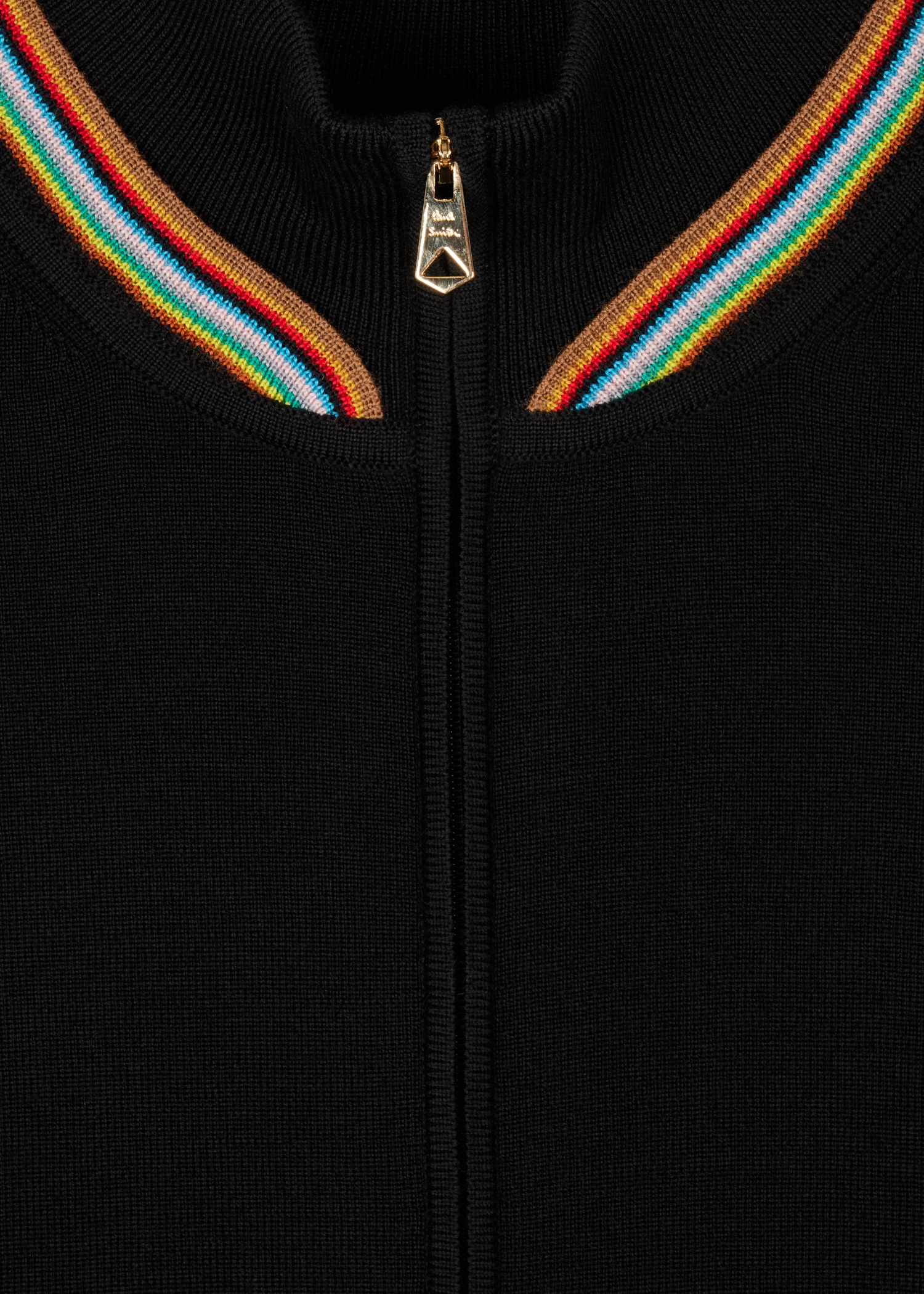 Black Merino Wool Full-Zip Cardigan With 'Signature Stripe' Trim - 2