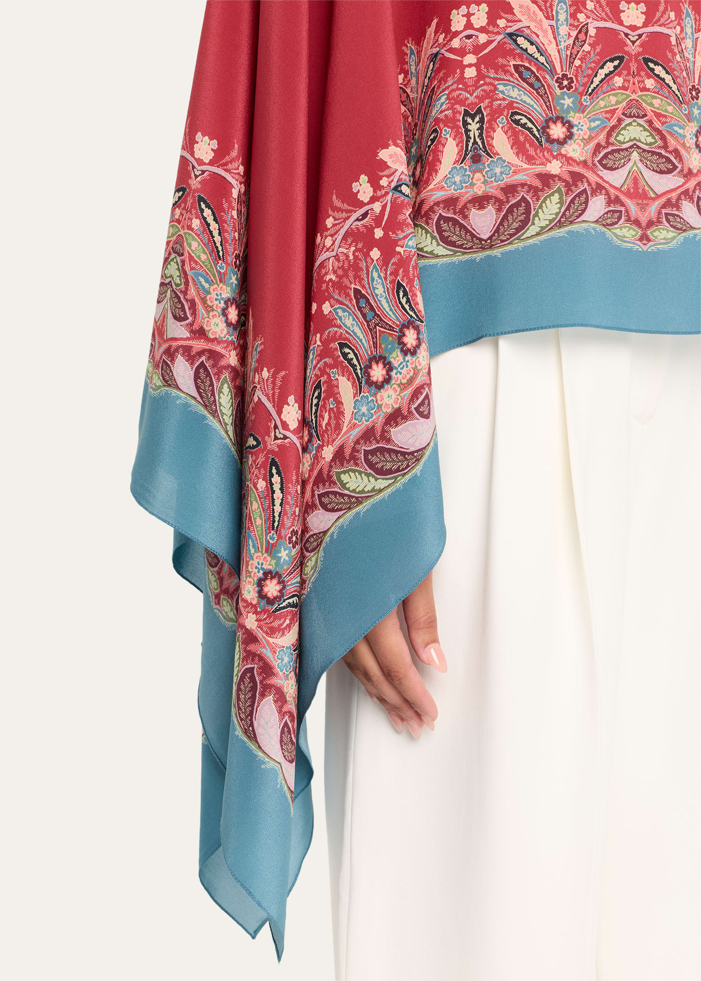 Asymmetric Paisley Silk Poncho - 5
