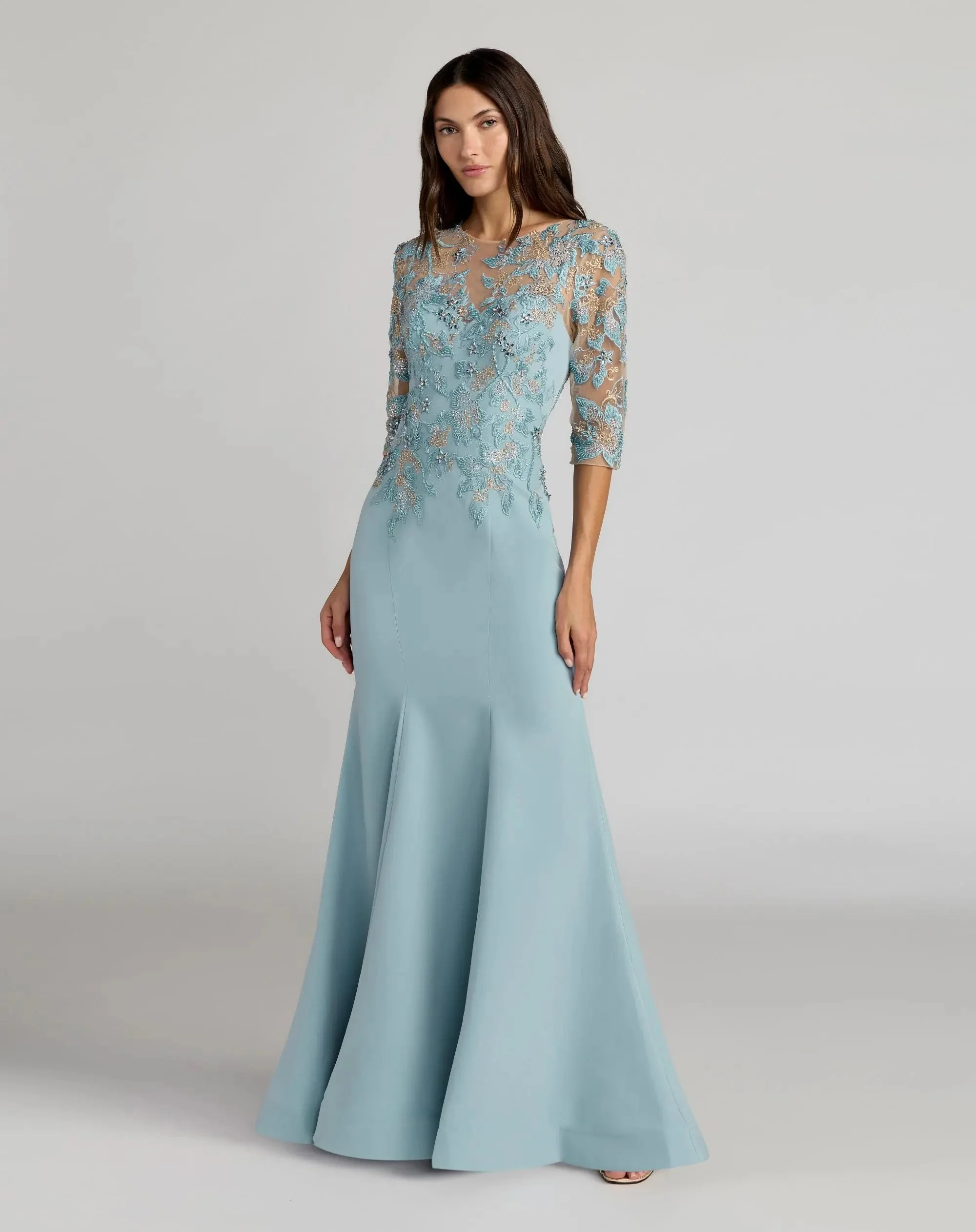 Blue Embroidered Crepe Mermaid Gown With 3/4 Sleeves - 1