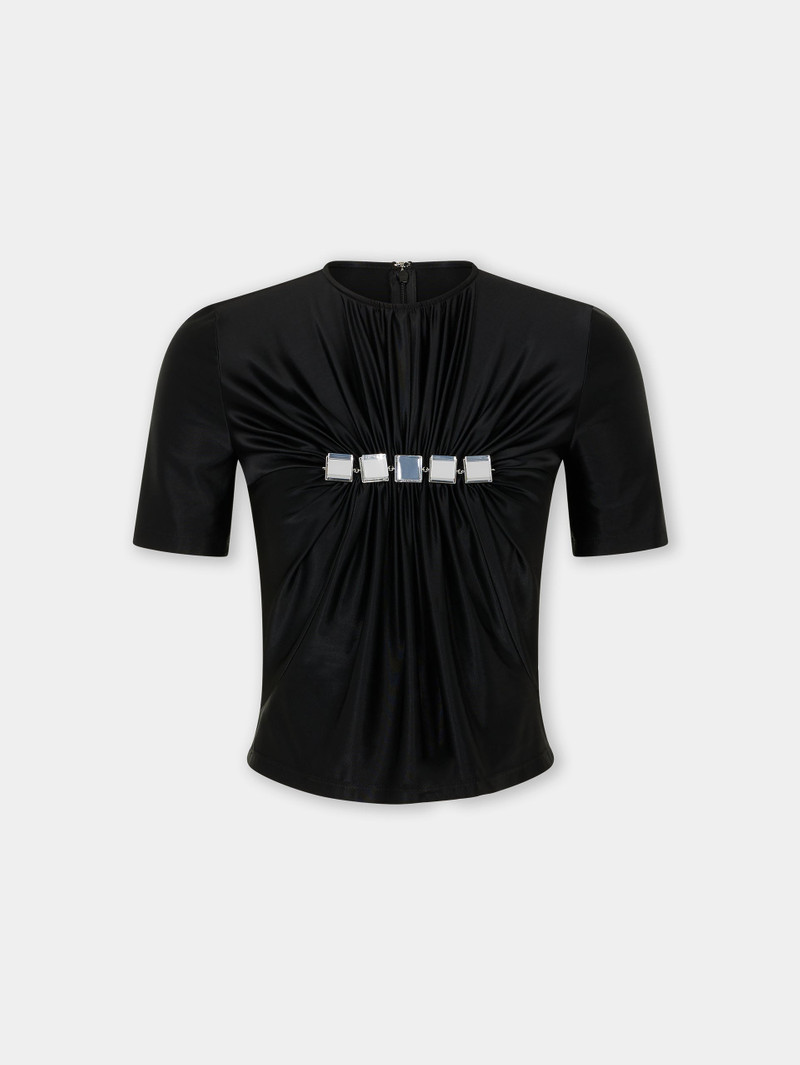 BLACK DRAPED TOP WITH MIRROR-EFFECT EMBELLISHMENTS 1