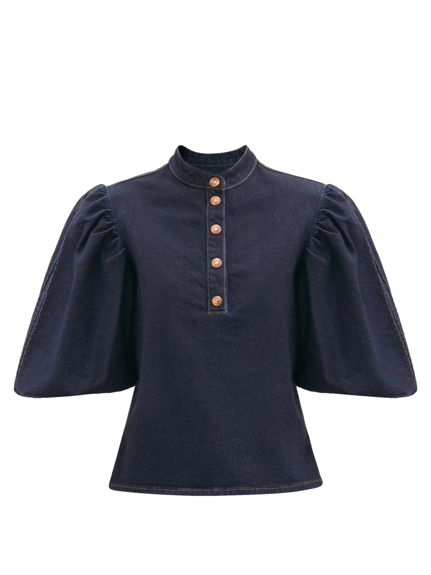 Puffed-sleeve cotton-blend denim blouse - 1