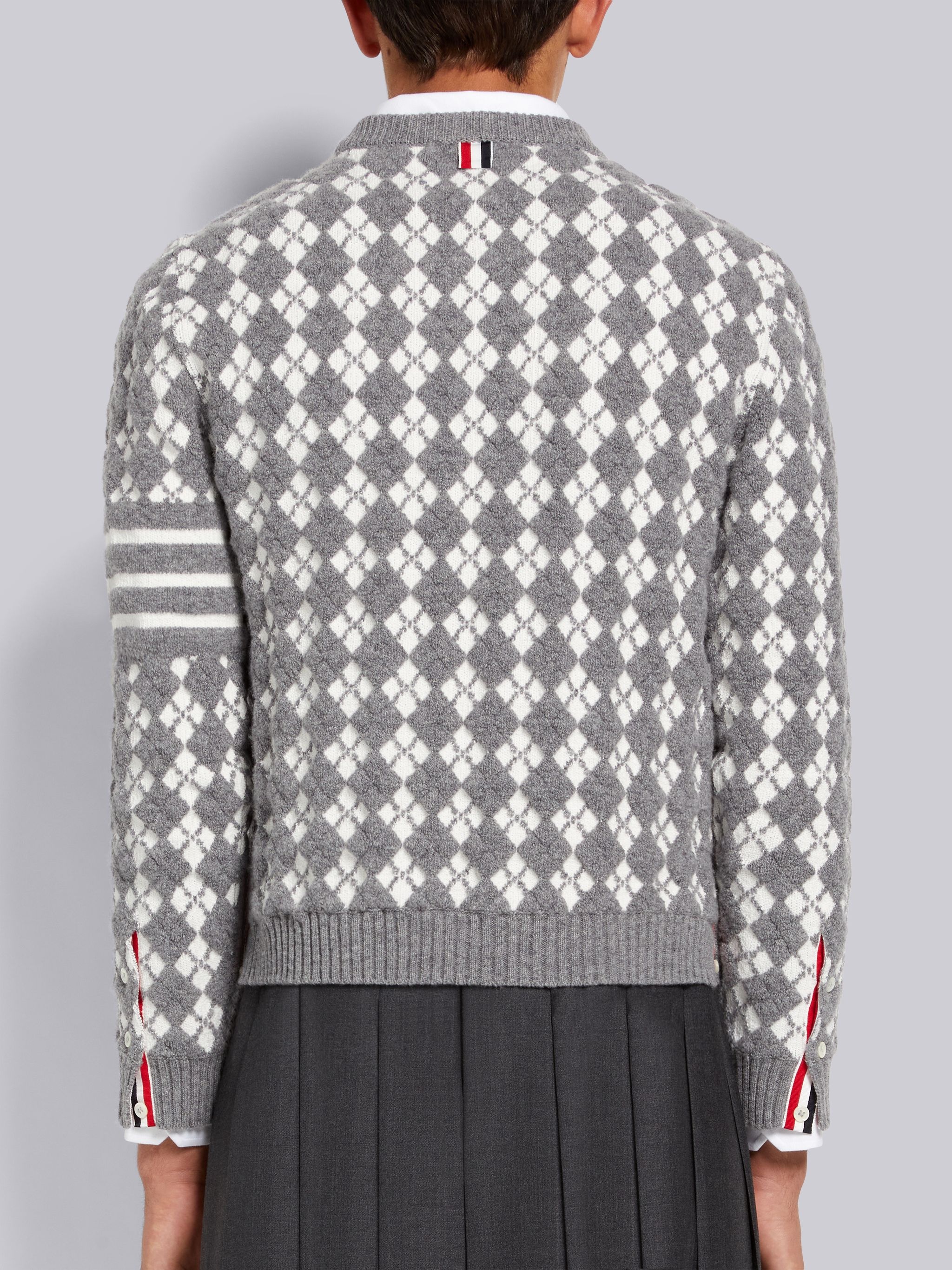 Light Grey Terry Stitch Argyle Jacquard 4-Bar Crew Neck Pullover - 3