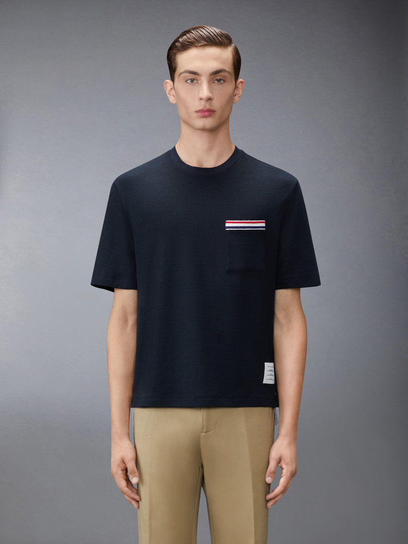 Thom Browne TEXTURED COTTON LINEN RWB EMBROIDERY TEE outlook