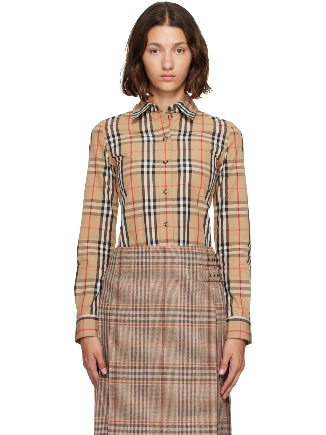 Beige Check Stretch Cotton Shirt - 1