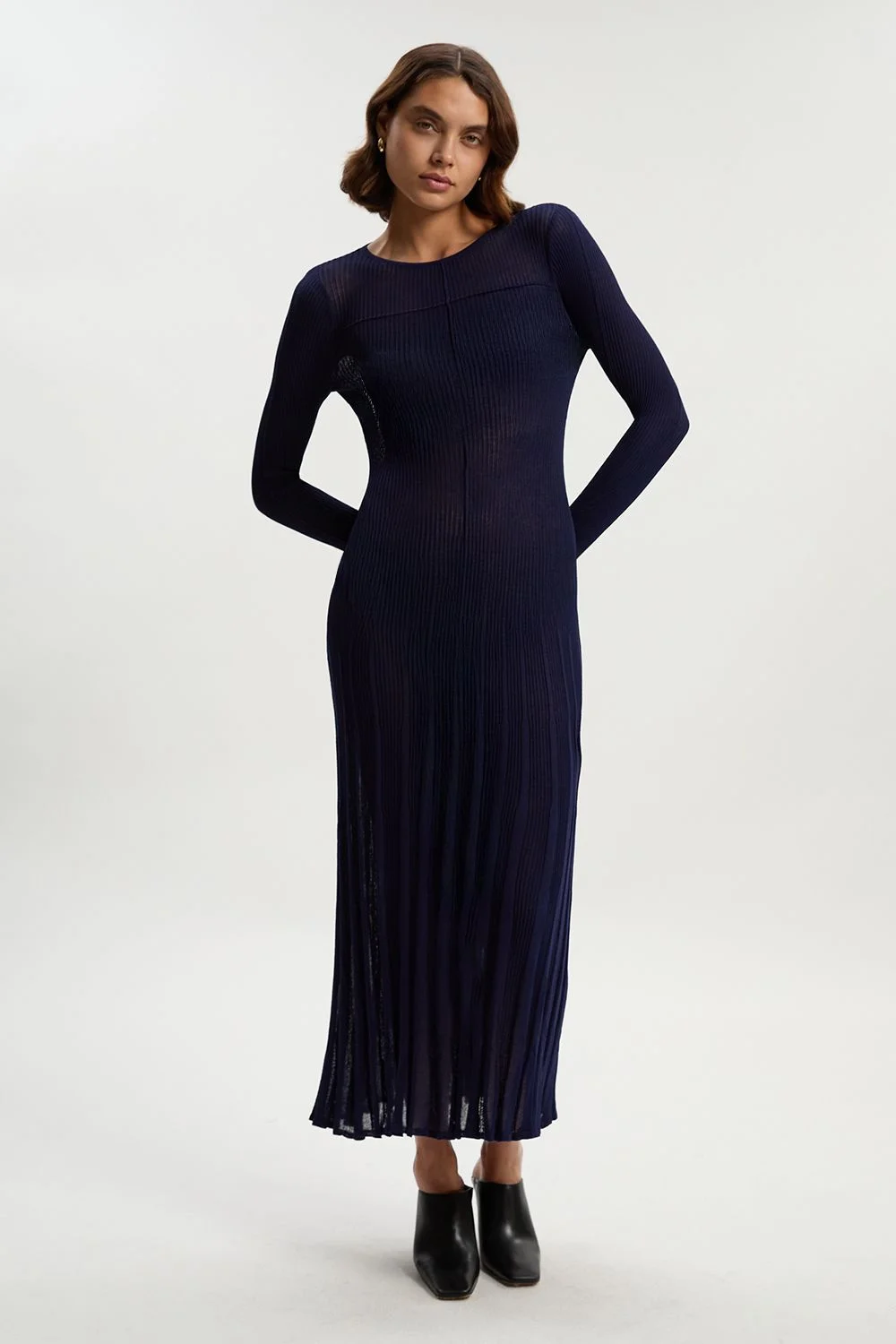 Drapey Sheer Rib Knitted Midi Dress - 1