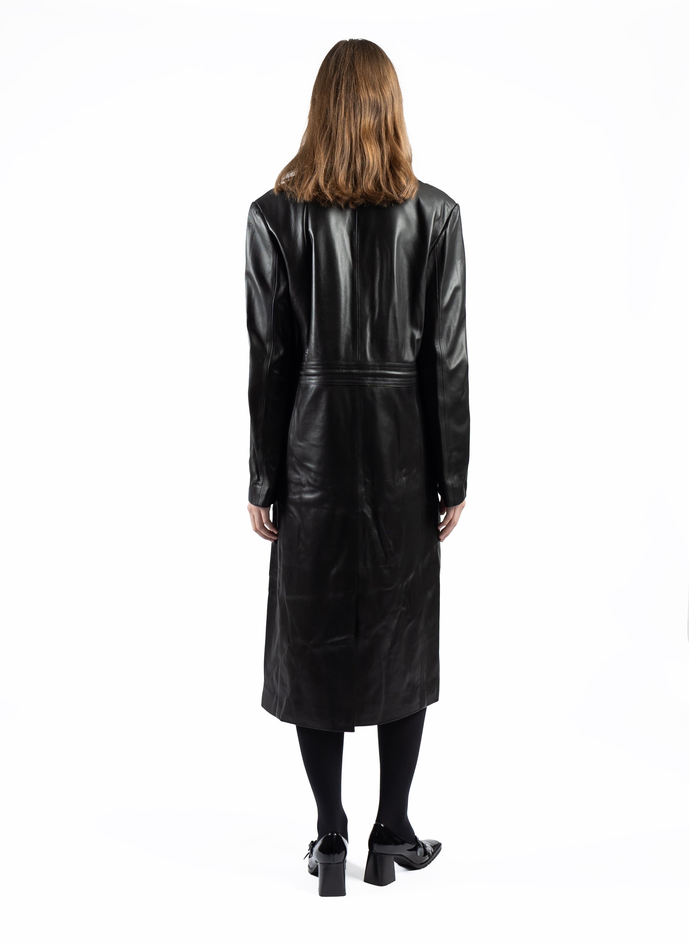 Long Leather Coat Black - 4