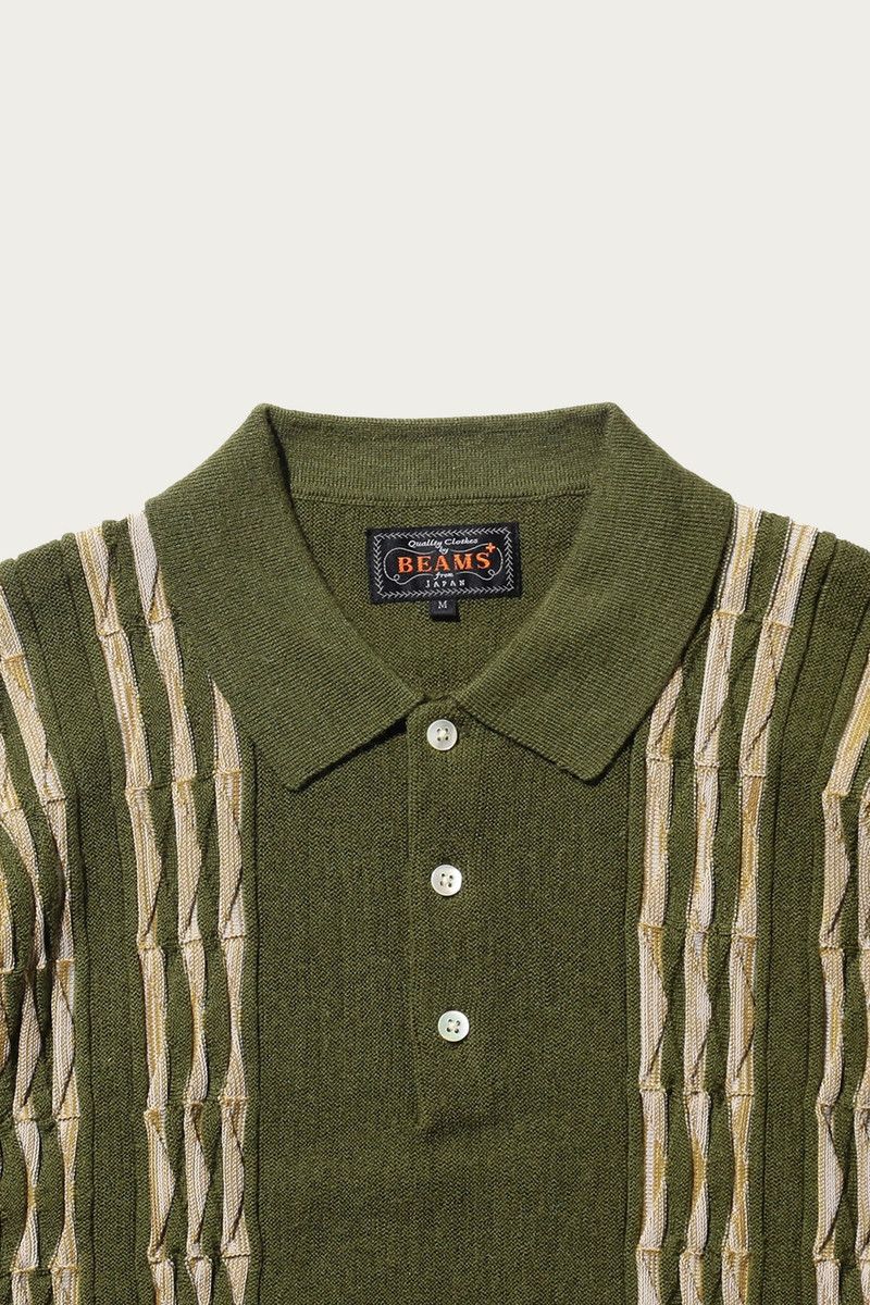 BEAMS PLUS Knit Polo Born Stripe 14G - Olive outlook