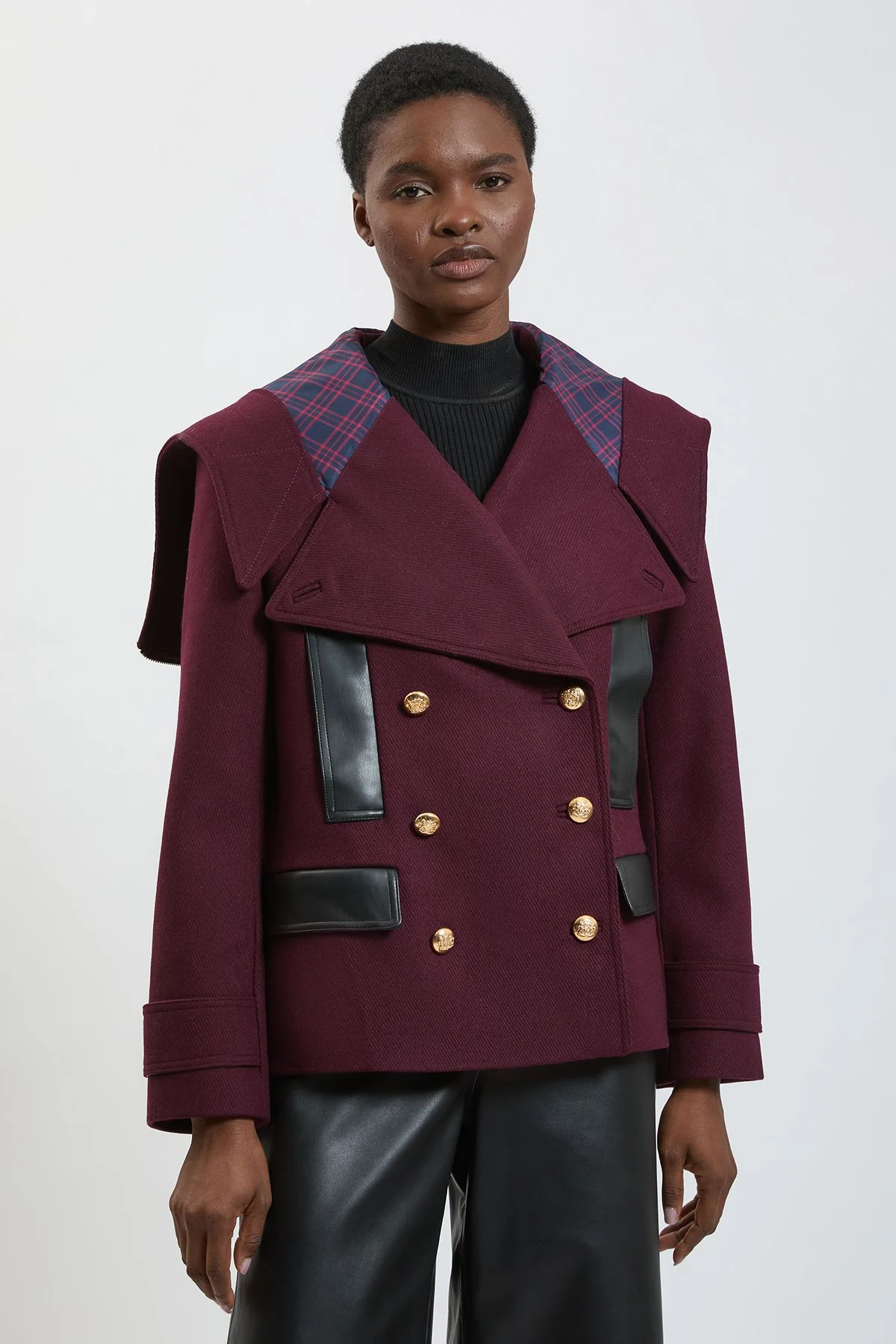 Wool and Faux Leather Mix Pea Coat - 1