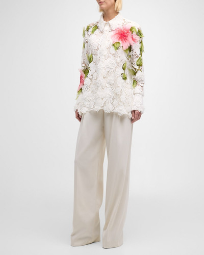 Oscar de la Renta Hibiscus Embroidered Long-Sleeve Floral Guipure Collared Top outlook
