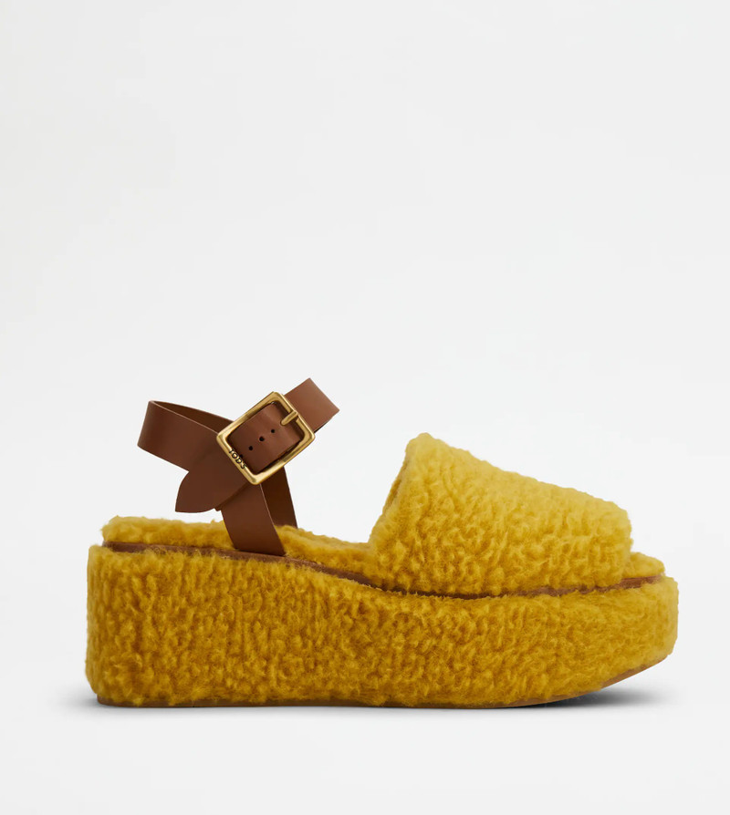 WEDGE SANDALS IN LEATHER AND WOOL - YELLOW 1