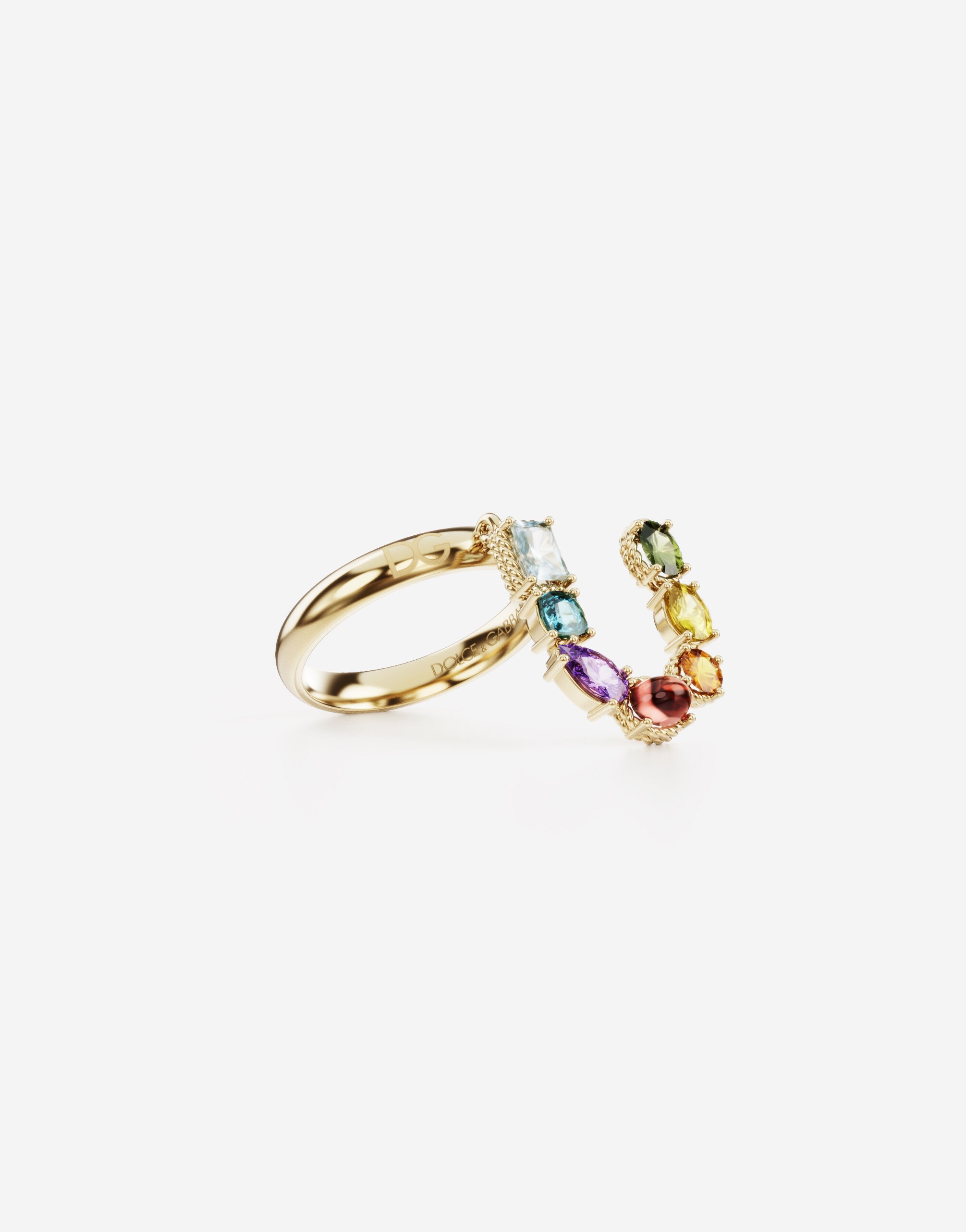 Rainbow alphabet U ring in yellow gold with multicolor fine gems - 2