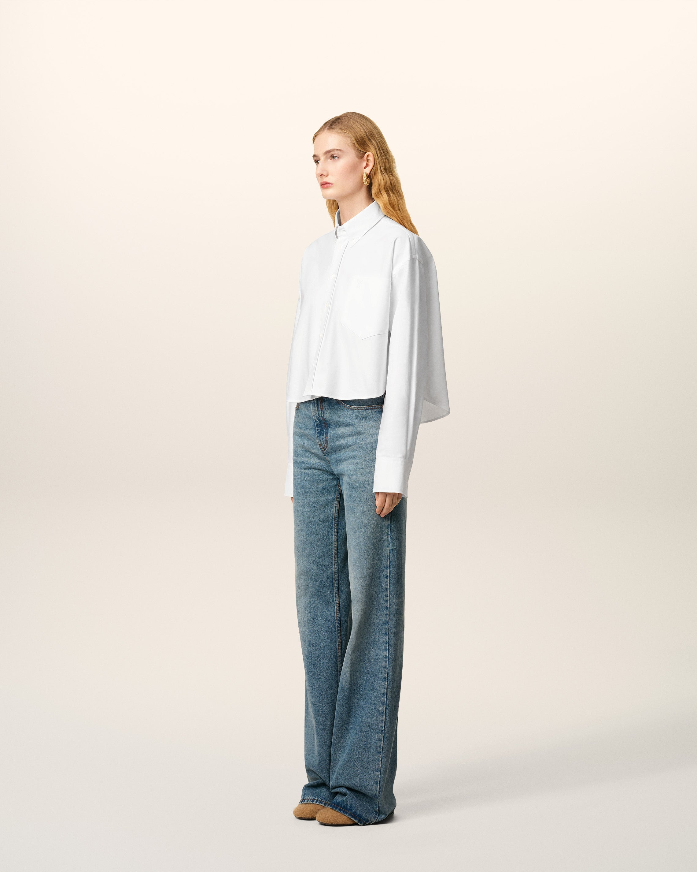 WHITE COTTON AMI DE COEUR CROPPED OVERSIZED SHIRT - 12
