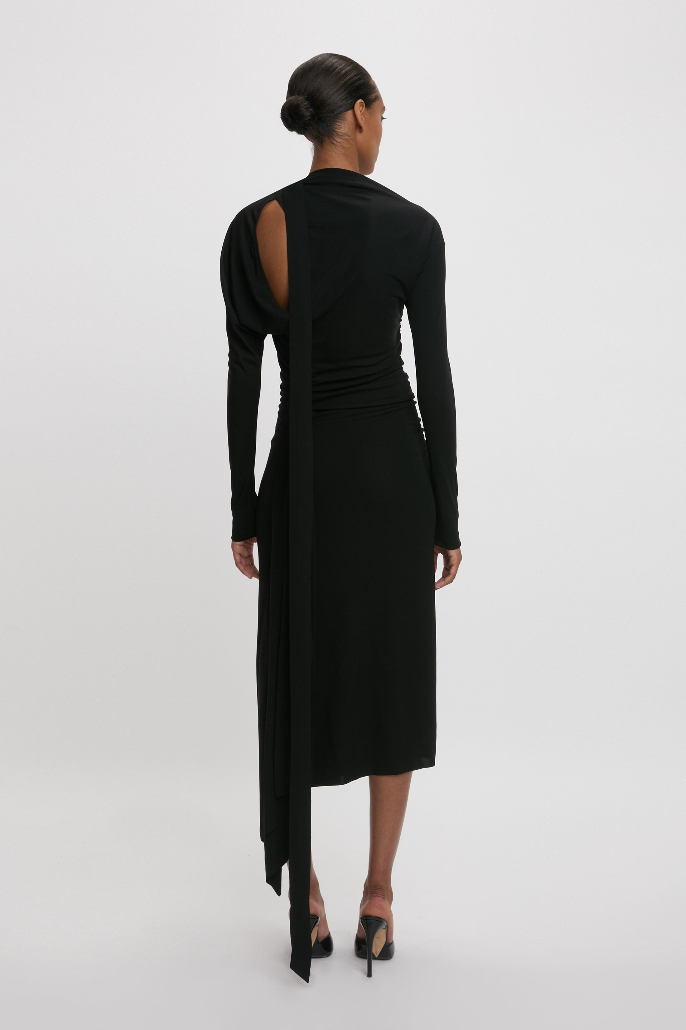 Slash-Neck Ruched Midi Dress In Black - 4