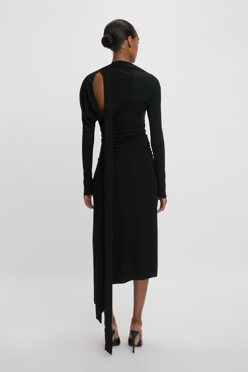 Slash-Neck Ruched Midi Dress In Black 4