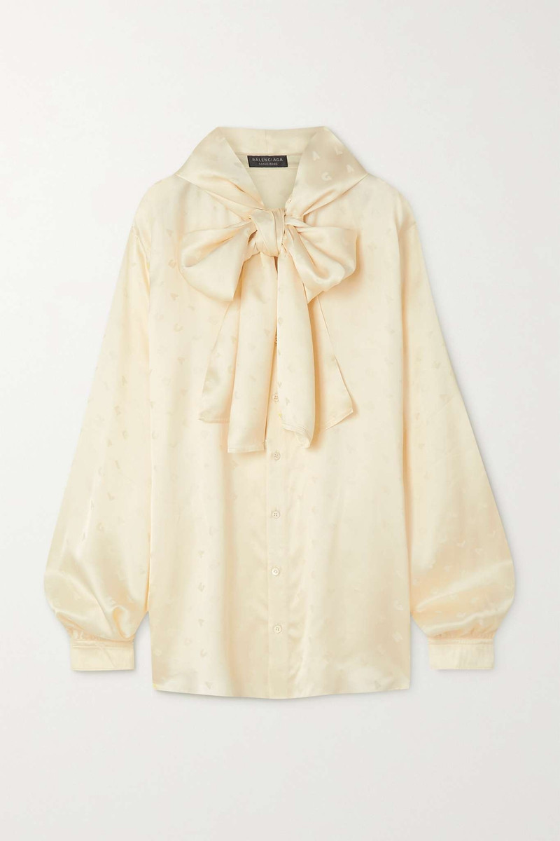Oversized hooded pussy-bow satin-jacquard blouse - 1