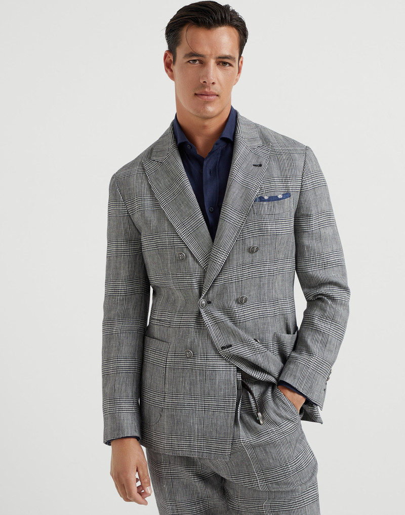 Cotton and linen Prince of Wales one-and-a-half breasted deconstructed blazer with patch pockets and 1