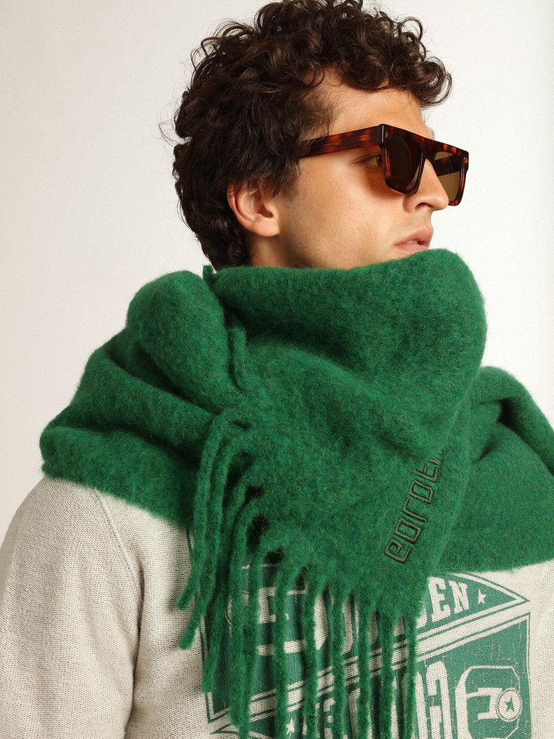 Dark green wool scarf with fringe and ‘Golden’ lettering 5