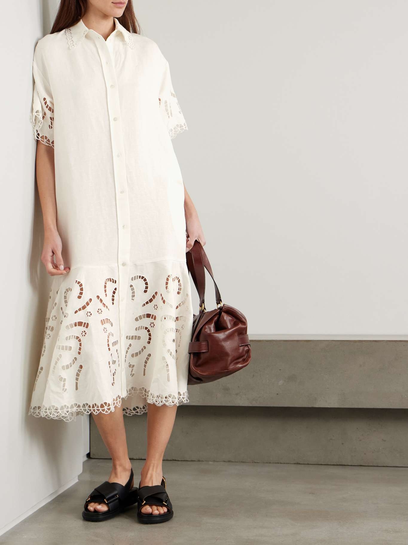 Marja broderie anglaise linen-blend midi shirt dress White - 2