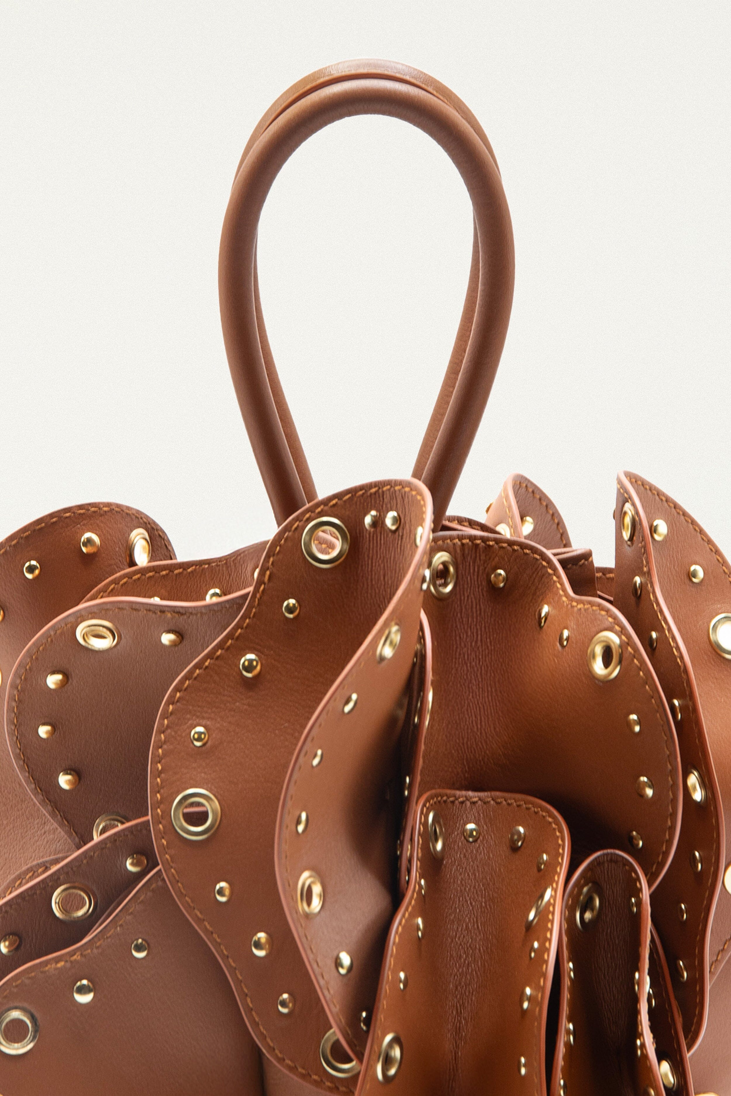 Brown Leather Studded Flower Bag - 4