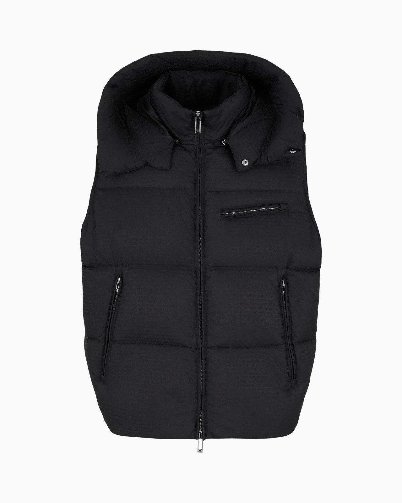 Zipped, hooded sleeveless down jacket in jacquard nylon with all-over logo lettering - 1