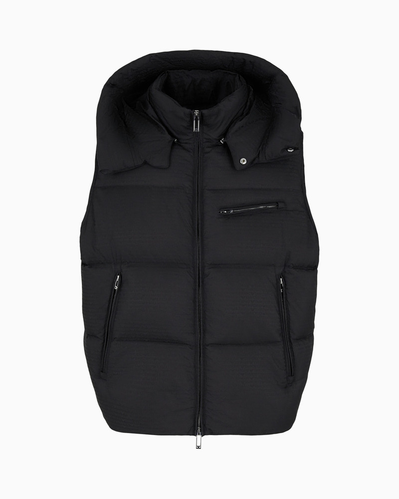 Zipped, hooded sleeveless down jacket in jacquard nylon with all-over logo lettering 1