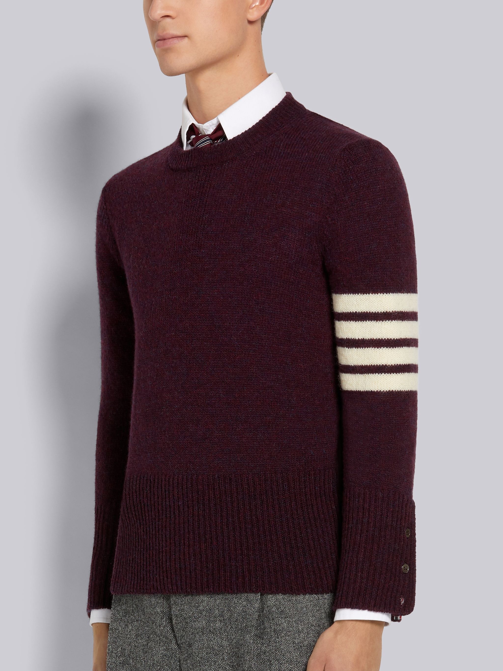 Dark Red Shetland Wool Jersey Stitch 4-Bar Stripe Classic Crew Neck Pullover - 2