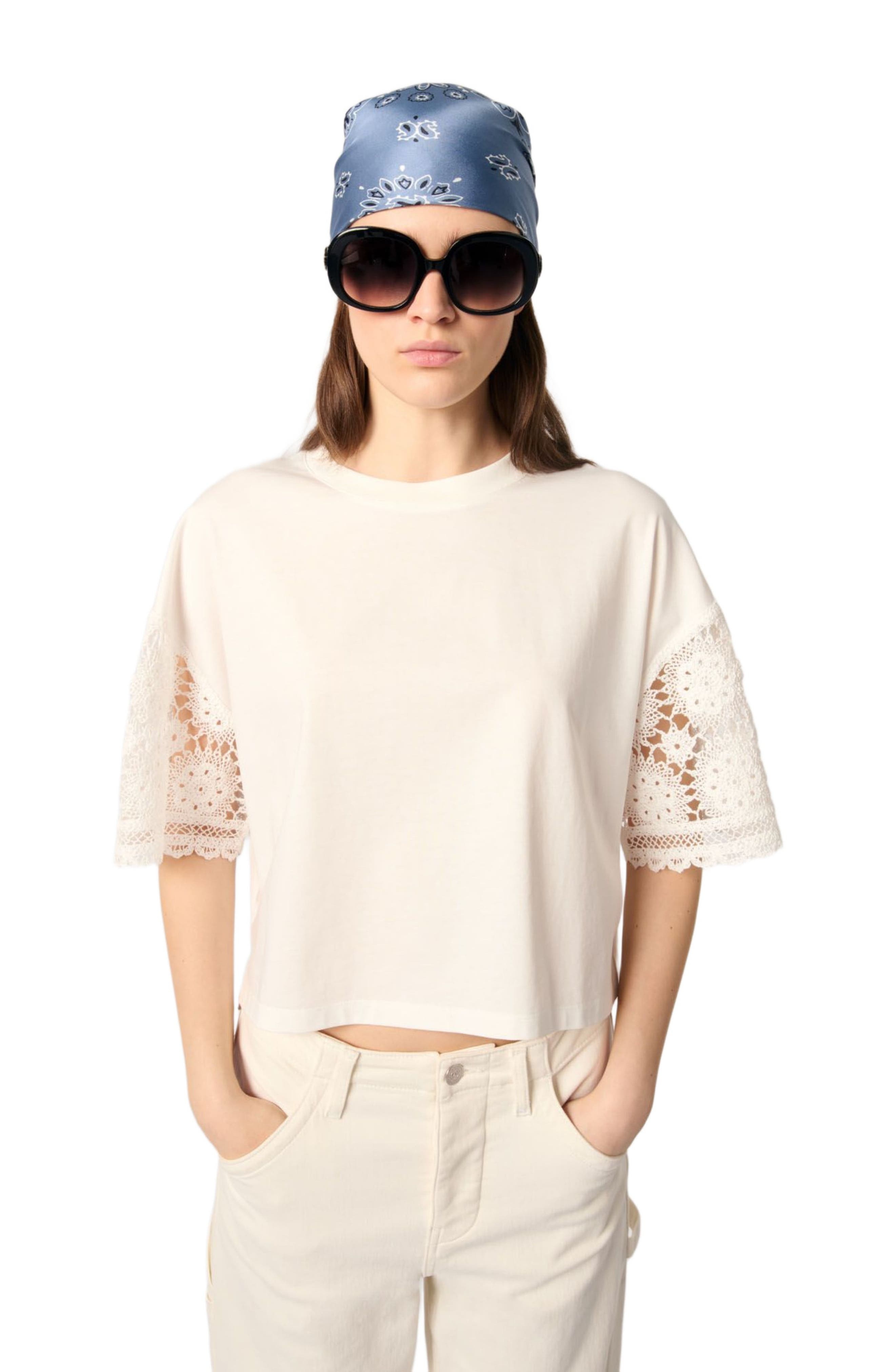 maje T-shirt with crochet sleeves in White at Nordstrom - 4